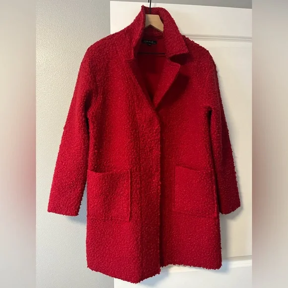 Charlie B Boucle Red Knit Jacket Coat Snap Front long sleeve stretch 60s Sz Med - Picture 2 of 16